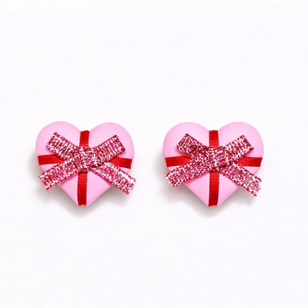 💕 Pink Heart With Red Bow Stud Earrings